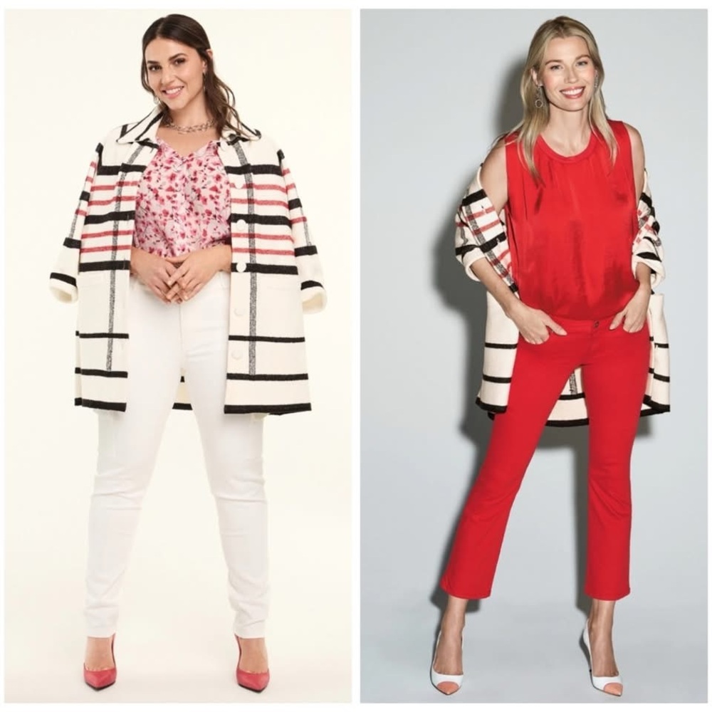 CAbi Cream Plaid Coat with Black and Pink Stripes